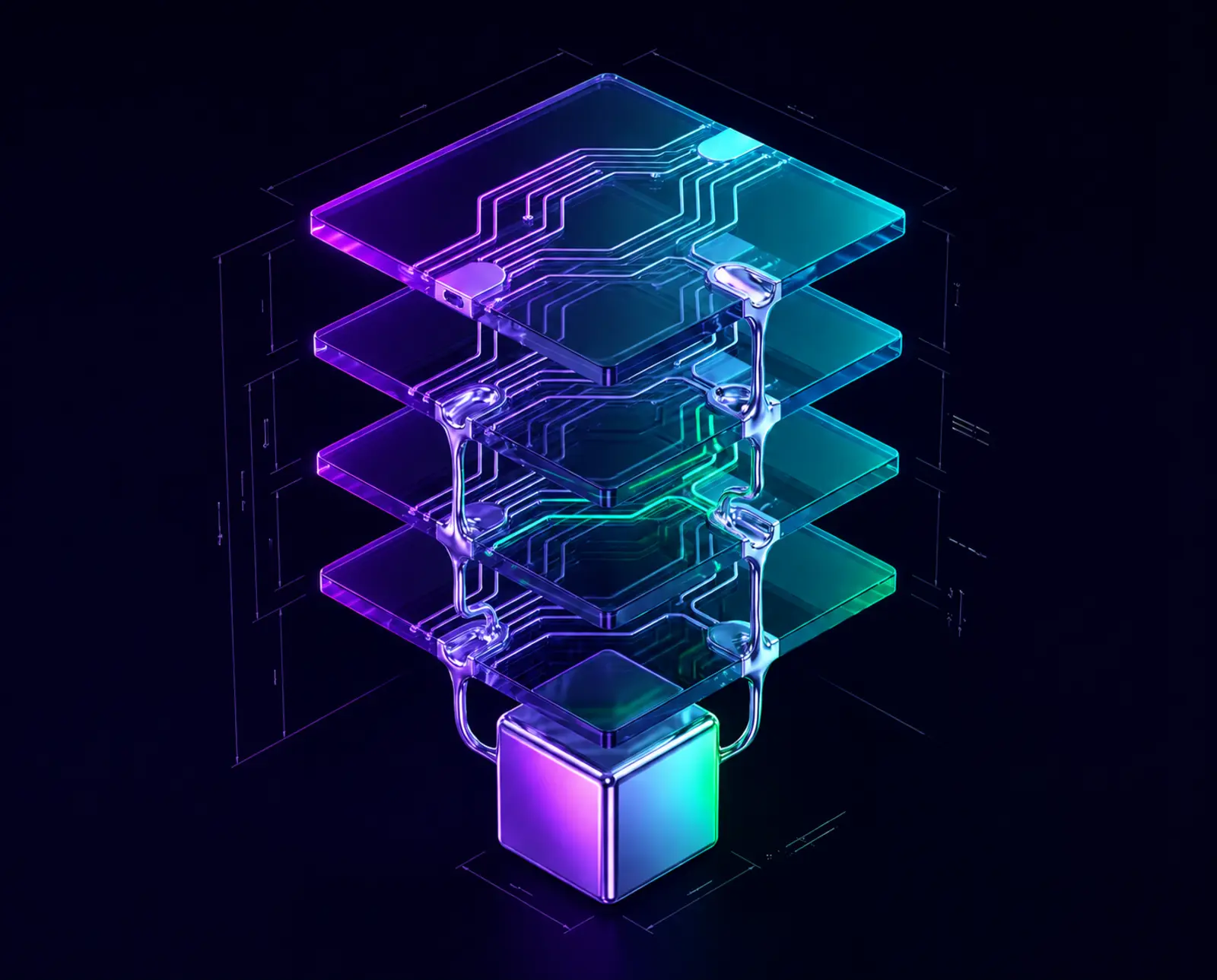 Exploded view of five glass protocol layers with silver circuit pathways, anchored by a chrome vault cube