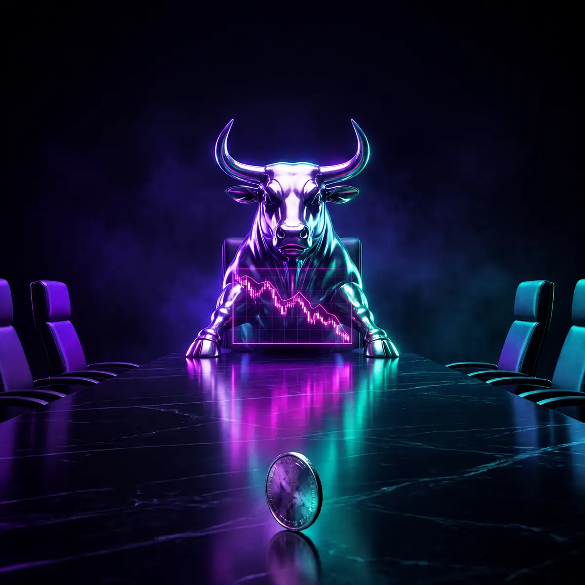 The chrome bull at the head of a dark boardroom table, a red descending chart before him