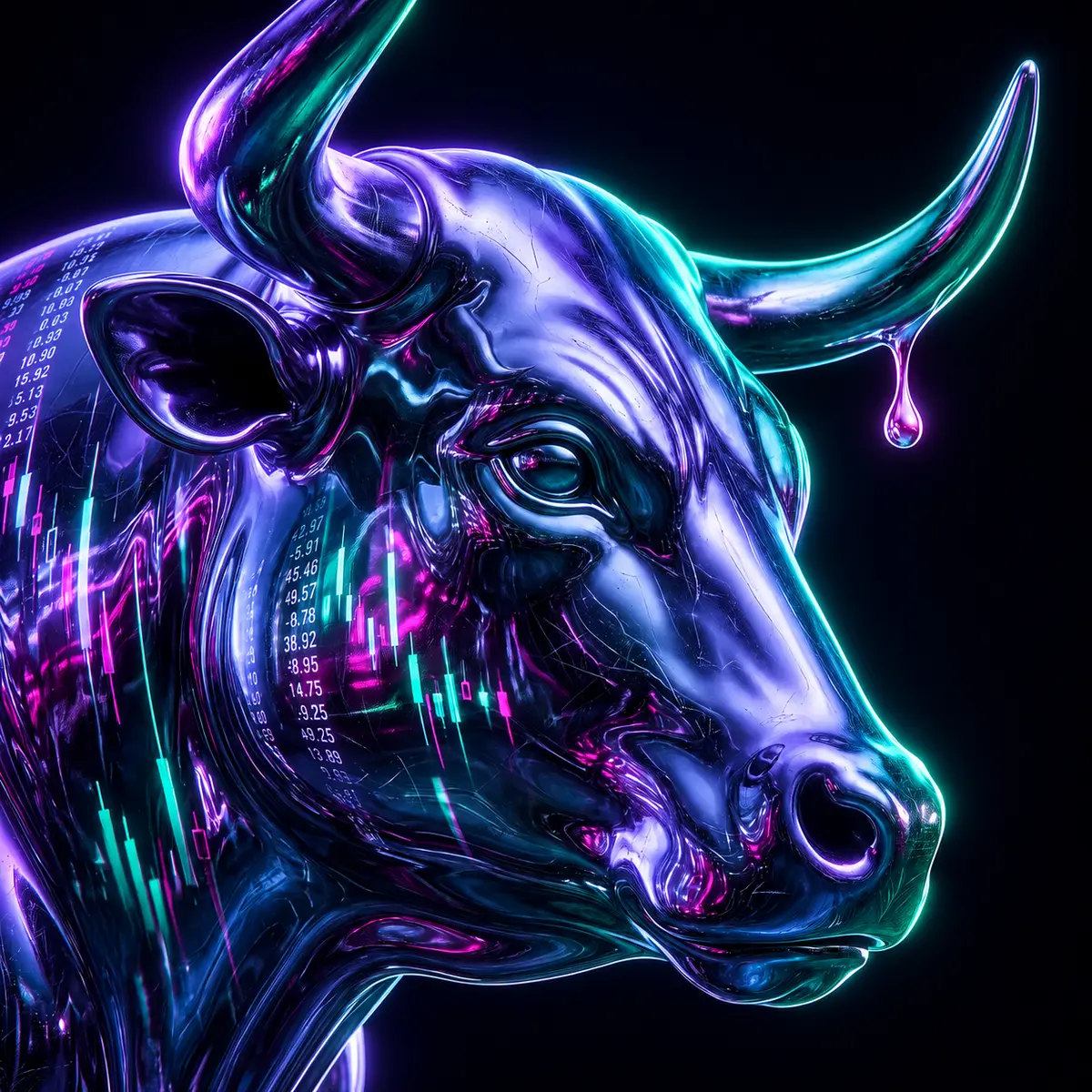 Close-up of the chrome bull reflecting falling silver price data, a molten drop falling from his horn