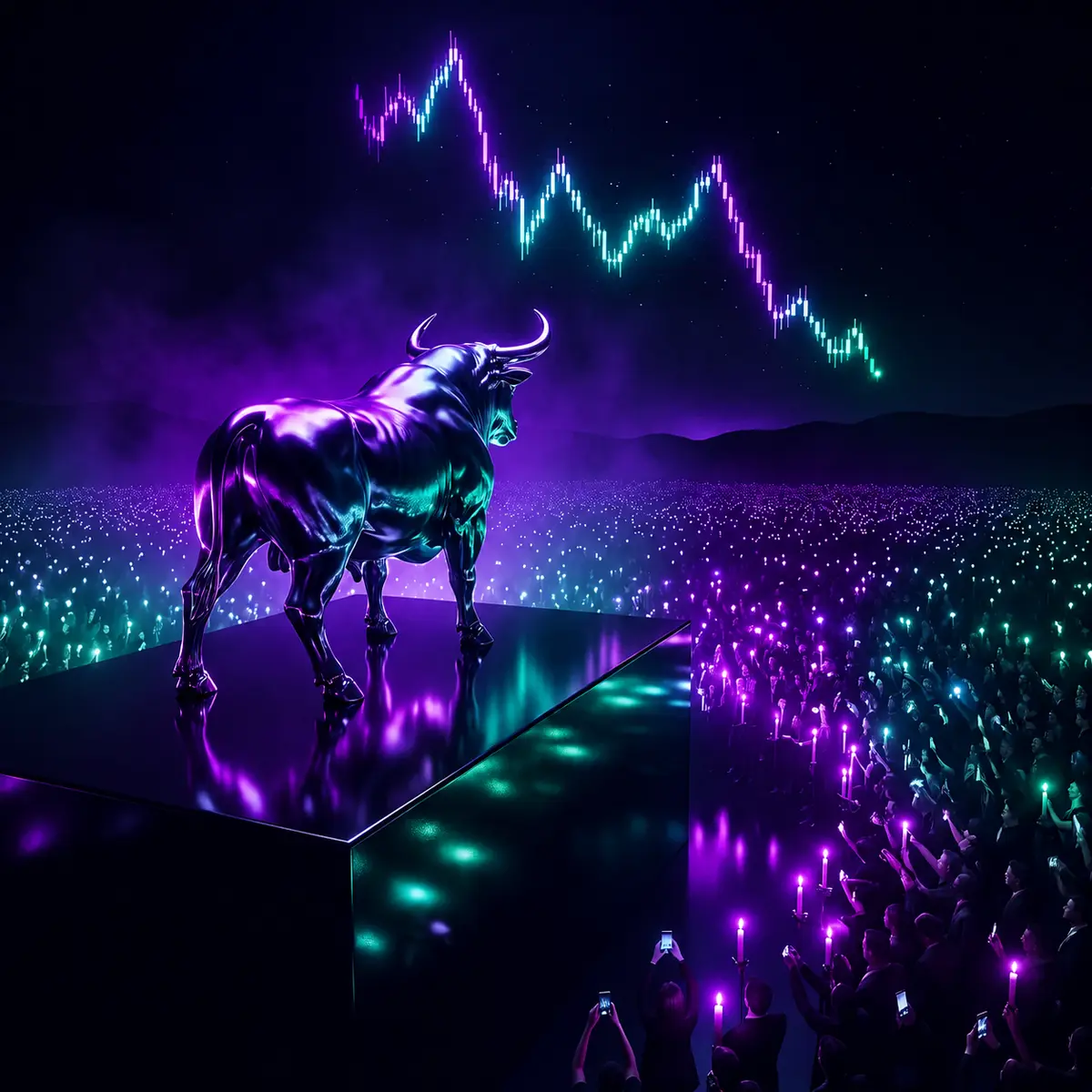 The chrome bull on an obsidian platform before a crowd of thousands holding lights, a descending chart glowing in the night sky
